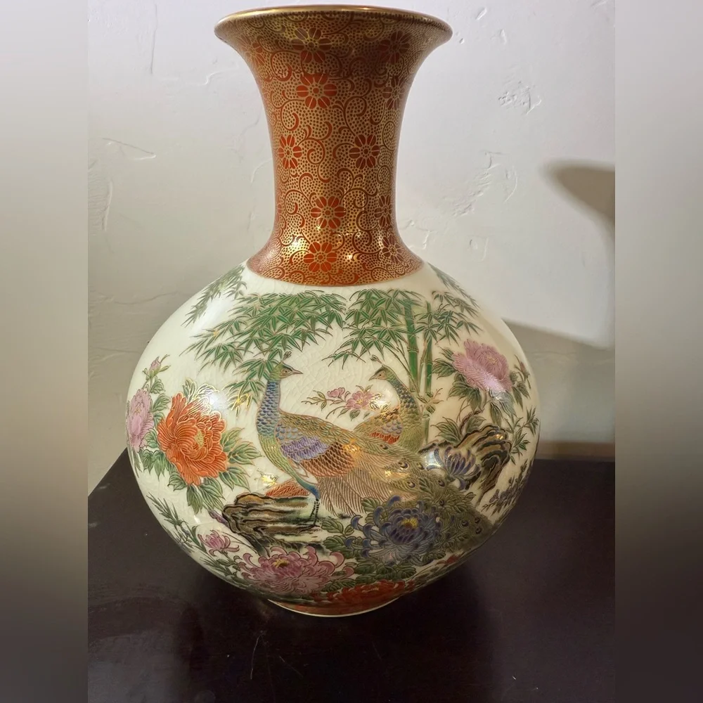 Vintage Shibata Porcelain Flower Vase Peacock Japanese Japan 10”‎ Toyo
